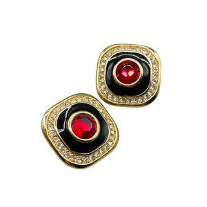 1980s Earrings Clip On Black Enamel Red Glass Rhinestones Vintage Darla Jewelry
